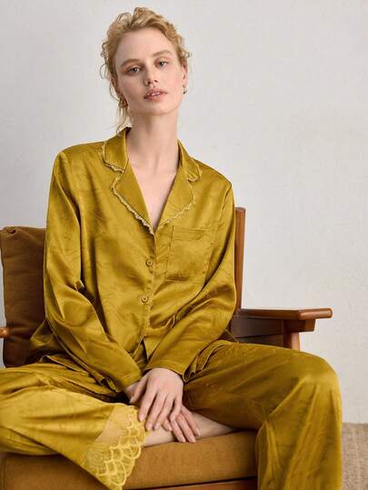 Ocili Women Contrast Lace Long Sleeve Button-Up Top And Pants Pajama Set