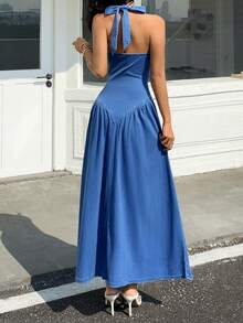 Rivivi 女士时尚休闲露背吊带长款牛仔连衣裙 - 藍色 - 查看 2