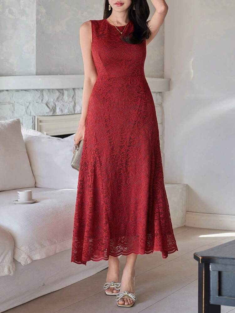 Women's Elegant Solid Color Lace Round Neck Sleeveless Long Dress, Summer Wedding Guest Dress Sundress
