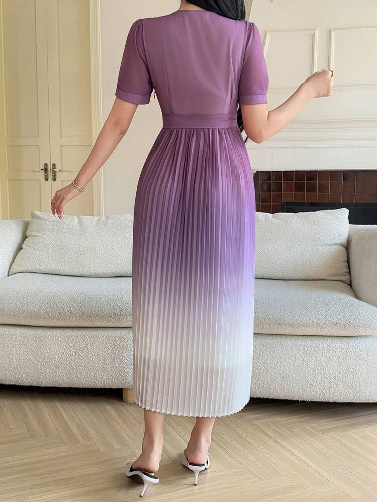 Women's Elegant Ombre V-Neck Puff Sleeve Pleated Waist Midi Dress, Summer Wedding Guest Dress Sundress