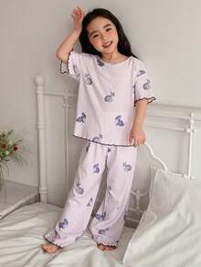 DAZY Young Girl Animal Print Short Sleeve Top And Wide Leg Pants Casual Loungewear Set - Baby Pink - View 4