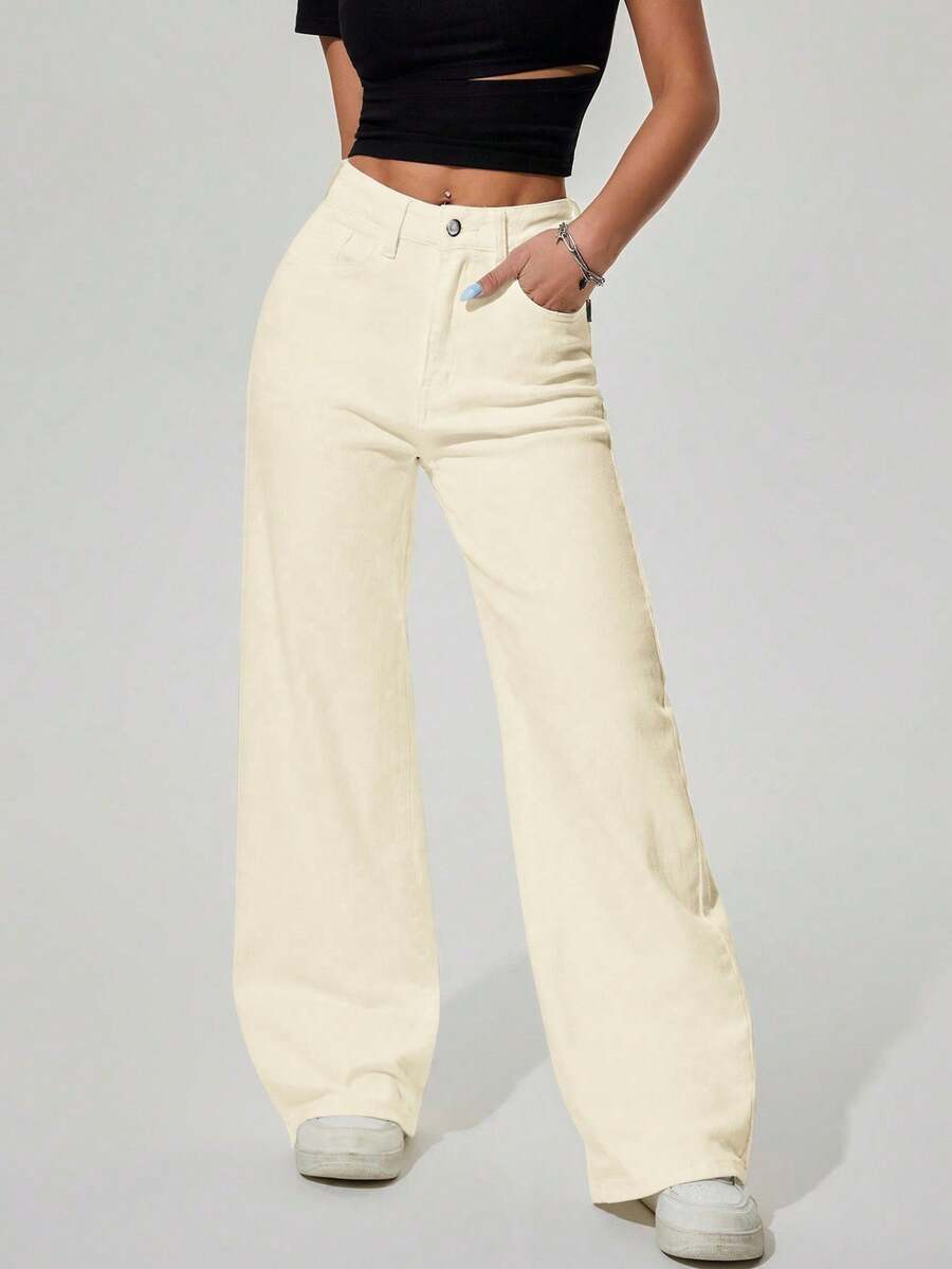 Jeanoix Jeans rectos de pierna con bolsillo en ángulo de unicolor, versátiles y casuales - Albaricoque - Ver 1