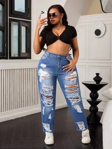 SHEIN SXY Plus Size Distressed Loose Mom Jeans - Medium Wash - View 3
