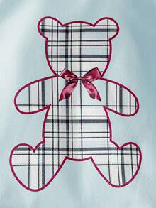 2pcs Baby Girls Casual Cute Bear Print Top And Classic Plaid Leggings Set, Snug Fit Homewear - Blue - View 5