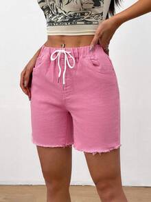 Flexra 女士抽绳腰带口袋毛边下摆休闲百搭牛仔短裤 - 粉色 - 查看 3