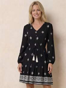EMERY ROSE Damen V-Ausschnitt Raglanärmel Lässig Allover-Muster Taillengegurtetes Vintage Mini-Kleid - Schwarz - Übersicht 5