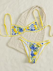 Swim Mod 女士沙滩春夏音乐节柠檬印花贝壳边性感度假风细肩带高衩比基尼套装 - 彩色 - 查看 6