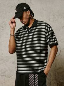 PAVTROS 男士休闲条纹短袖 Polo 衫，男士提花条纹 Polo 衫，情人节，春夏，送男友的礼物，狂欢节，复古，街头风，派对，圣帕特里克节，外出 - 黑與白 - 查看 3