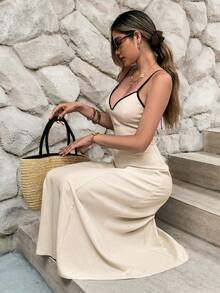 SHEIN Frenchy 女式露背系带细肩带中长度假连衣裙 - 杏色 - 查看 6