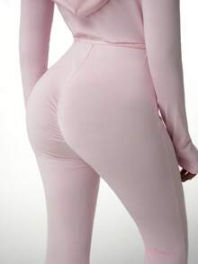 Amplova 女士连体连帽衫，性感褶皱露背长款连体裤，带帽设计，适合早春运动休闲穿着 - 粉色 - 查看 7