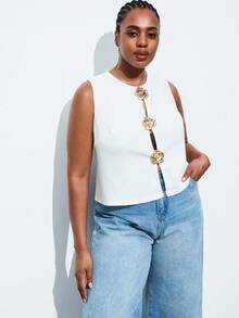 Maija Áo không tay màu trắng cỡ lớn dành cho nữ, thiết kế trang trí cúc kim loại hình hoa hồng, thích hợp cho Ngày Thánh Patrick, Lễ Phục Sinh, mùa hè, dự tiệc, đi biển, kỳ nghỉ hè, đi chơi, tốt nghiệp. - trắng - Xem 6