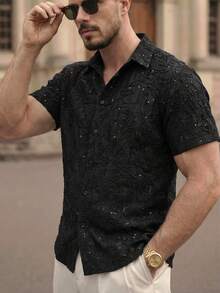 Manfinity VCAY Men's Woven Plain Velvet Thread Beaded Embroidery Short Sleeve Regular Fit Casual Shirt, Suitable For Daily Wear In Spring And Summer - Black - View 5