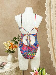 Swim Vcay Women's Phoenix Digital Print Backless One-Piece Swimsuit With Metal Ring Halter Neck, Suitable For Beach Vacation, Spring/Summer/Autumn - Multicolor - View 2