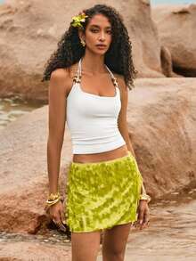 Poéselle Blusa de verano con escote halter sin espalda, con cuentas y nudos, en unicolor, para vacaciones en la playa - Blanco - Ver 5