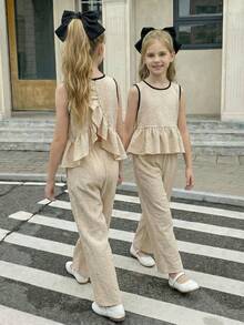 SHEIN Girls Sleeveless Frill Back & Pants Summer Outfit - Beige - View 1