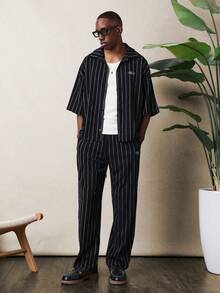 Conjunto de dos piezas SUMWON con camisa de manga corta con botones a rayas negras y pantalones rectos a juego con cuello y bolsillos laterales para un estilo casual de verano liso - Negro - Ver 5