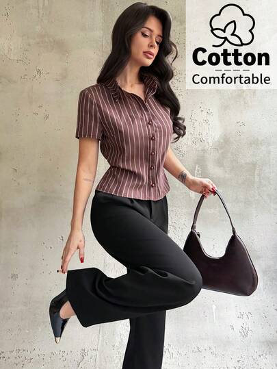 Firerie Dam Casual Pendlare Vardag Mångsidig Ny Retro Brun Randig Slagknapp Kortärmad Midja Åtsittande Brun Kort Skjortopp