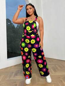 Flirla Plus Size Floral Print Casual Jumpsuit With Slant Pockets - Multicolor - View 5