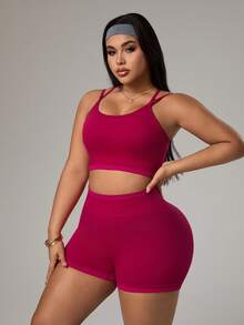 SHEIN Rhythm Era Bộ đồ thể thao không đường may dành cho nữ cỡ lớn, áo ngực và quần short, kiểu dáng thể thao lưng chữ Y, ôm sát cơ thể, thích hợp cho mùa xuân/hè, áo ngực có đệm rời và quần short cạp cao bó sát. - Màu Đỏ Sâu - Xem 3