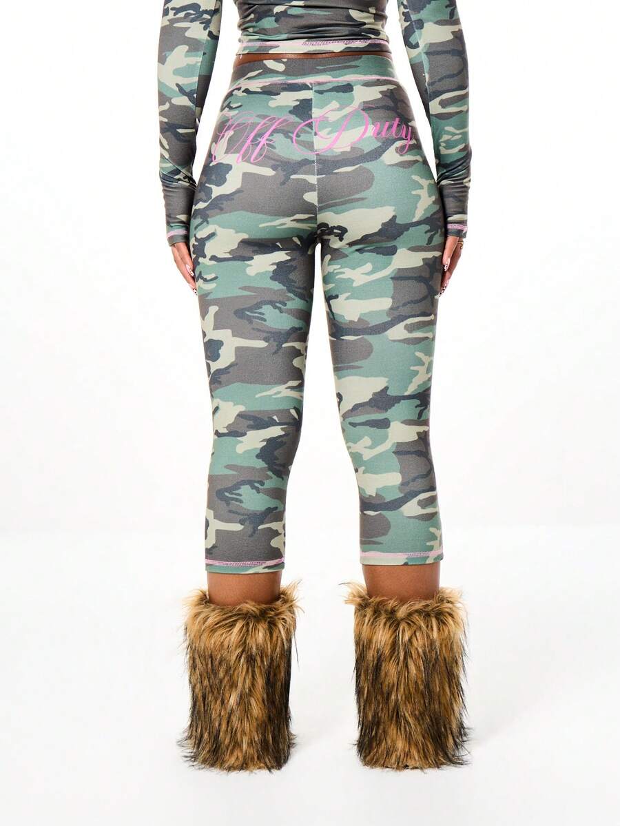 SUMWON WOMEN Camouflage Printed High Rise Capri Leggings With Pink Script Back Print Military Style Stretchy Workout Bottoms Fall Winter Activewear - Army Green - View 1