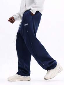 SUMWON 海军蓝抽绳运动裤，白色点缀，宽松舒适休闲居家裤，秋冬季日常穿着，弹性腰带，宽松慢跑裤款式，纯色 - 藍色 - 查看 5