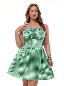 Solavibe 大码女士休闲度假连衣裙，前系腰带A字型格纹面料，春夏款 - 綠色 - 查看 6