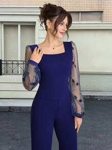 Opuloom Áo cánh nữ cổ vuông tay raglan viền ren phối cùng quần ống đứng thông thường, trang phục thường ngày thanh lịch tinh tế thích hợp cho các buổi tụ họp, thoải mái cho mùa thu/đông - Màu xanh lam - Xem 1