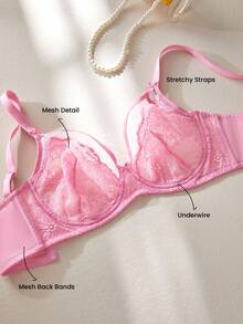 LUVLETTE Woman Pink Lingerie Full Coverage Side Support&Breathable Underwire Sexy Unlined Lace & Mesh Sheer Minimizer Bra - Pink - View 10