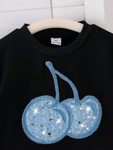 2pcs/Set Girls (Small) Black Cherry Print Short Sleeve T-Shirt Top And Blue Bow Pocket Straight Pants Casual Summer Children Cute Outfit - Black - View 7