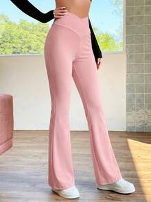 SHEIN EZwear 女士休闲高腰喇叭粉色长裤，春夏款 - 粉色 - 查看 4