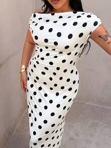 Rustia Plus Size Elegant Polka Dot Asymmetrical Shoulder Dress, Spring/Summer - Black and White - View 6