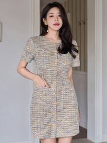 DAZY Women's Elegant Patterned Round Neck Short Dress, Summer Wedding Guest Dress Sundress - Khaki - View 5