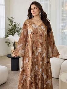 Al Najma Plus Size Women Marble Texture Patchwork Gold Stripe Dress, Spring - Multicolor - View 6