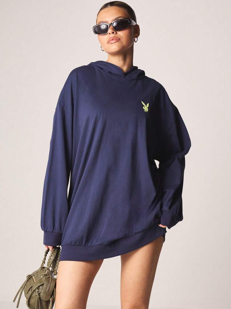 Missguided x Playboy Oversized Hoodie T-Shirt Dress With Logo Embroidery Long Sleeve Pullover Crew Neck Mini Casual Fall Winter Sweatshirt Dress