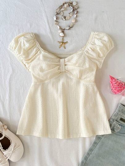 Serisse Kids Tween Girls' Fashionable Elegant Woven Plaid Short Sleeve Shirt Girls Babydoll Top Cute Summer Top For Girls Vintage Girl Clothes Babydoll Top With Sleeves Blouses For Girls Cute Tops For Girls Cute Tops For Summer