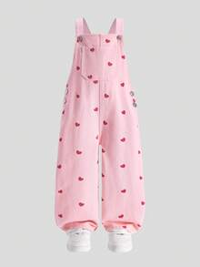 SHEIN 女童夏季蓝色牛仔连体裤，新款时尚爱心印花设计，休闲舒适柔软牛仔连体裤 - 杏色 - 查看 4