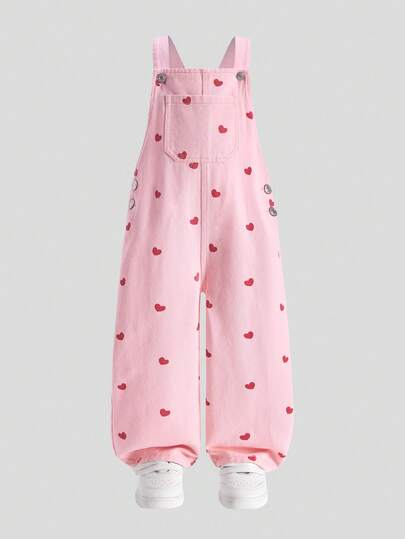 SHEIN Young Girls Summer Denim Blue Jeans, New Fashion Heart & Print Design Casual Comfortable Soft Denim Jumpsuit