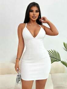 SHEIN SXY 女士纯色露背吊带修身牛仔连衣裙 - 白色 - 查看 5