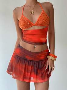 Aloruh Women's Bohemian Style Printed Top With Sequin Patchwork + Mini Skirt, Spring/Summer - Multicolor - View 6