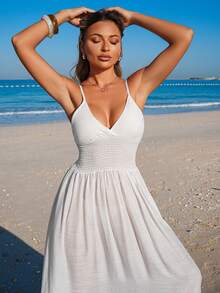Swim Vcay Women's V-Neck Sleeveless Ruched Backless Elegant Solid Beach Dress, Vacation Style - White - View 5
