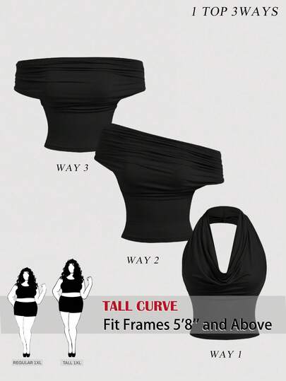 SHEIN Tall CURVE 大码夏季时尚纯色褶皱百搭吊带上衣