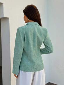 SHEIN Women Linen Fabric Gold Button Detailed Regular Fit Blazers - Green - View 4