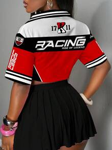 Slaydiva Avslappnad minimalistisk bokstavstryck asymmetrisk beskuren skjorta, lämplig för alla årstider - Multifärgad - Visa 2