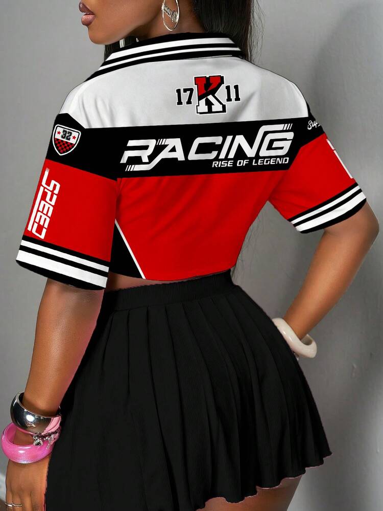 Slaydiva Casual Minimalist Letter Print Asymmetric Cropped Shirt, Suitable For All Seasons - Multicolor - View 2