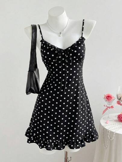 Comfortcana 女士黑白波点印花荷叶边下摆系带吊带连衣裙，春夏款