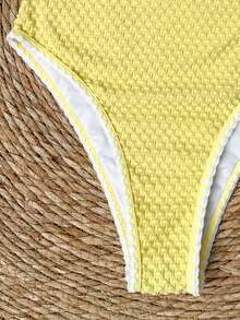 SHEIN Swim 女士优雅休闲可拆卸肩带抹胸连体泳衣，纹理面料时尚撞色设计，适合夏季海滩度假、海滩派对穿着，2026 女士春夏海滩度假连体泳衣 - 綠色 - 查看 4