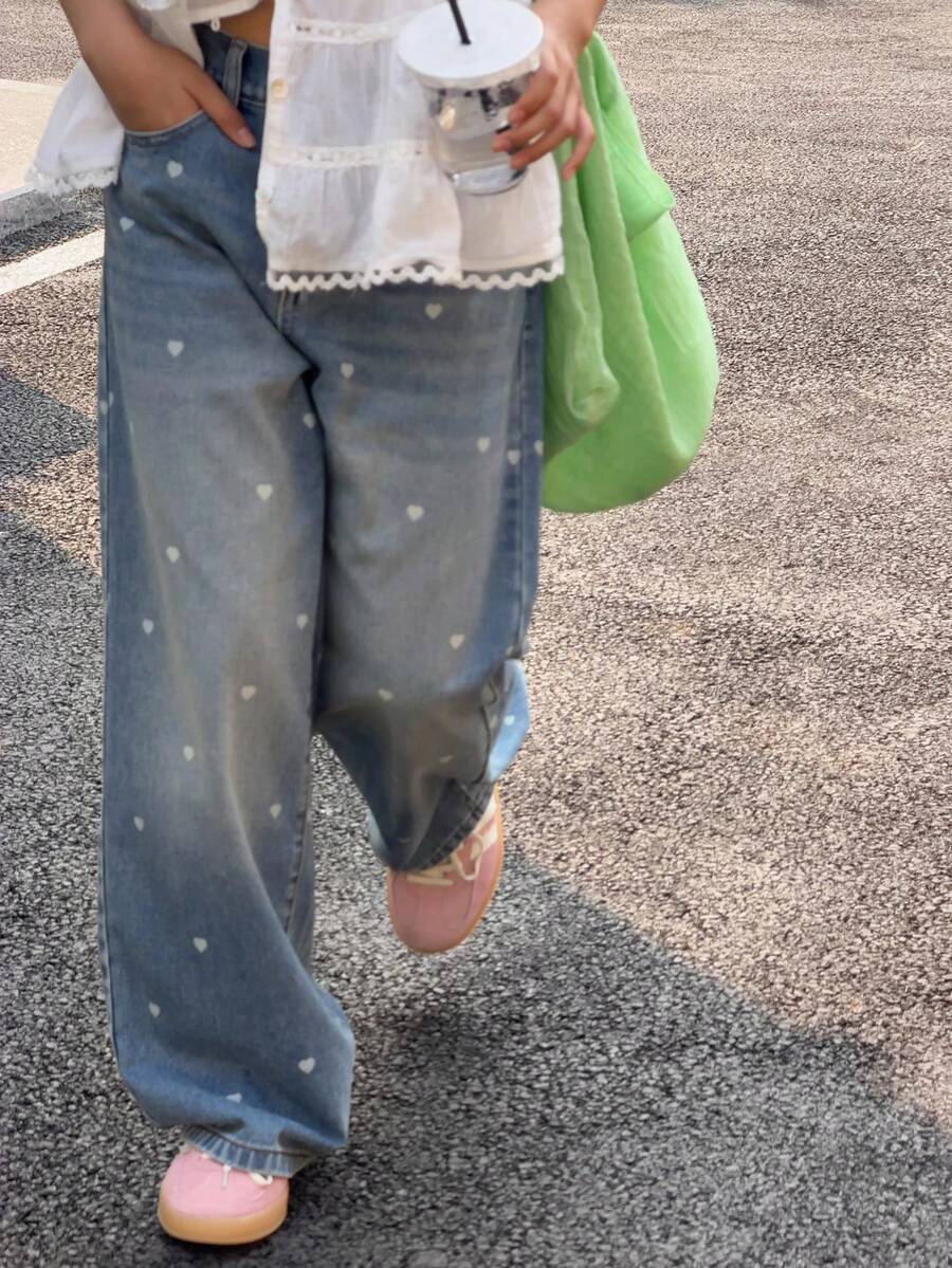 DAZY Tween Girls' Pocket Button Heart Print Casual Versatile Daily Wear Wide Leg Jeans - Light Wash - View 1