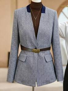 Franclia 大码V领收腰长袖梭织西装外套 商务女装 女士西装外套 女士西装裙 女士连衣裙外套 面试服装 女士西装外套 女士西装外套 - 藏蓝色 - 查看 1