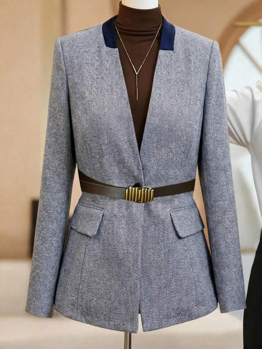 Franclia 大码V领收腰长袖梭织西装外套 商务女装 女士西装外套 女士西装裙 女士连衣裙外套 面试服装 女士西装外套 女士西装外套 - 藏蓝色 - 查看 1