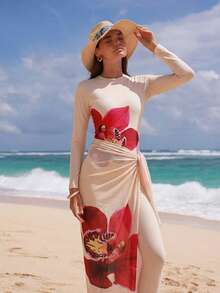 Swim Shayni Women's Random Floral Print Long Sleeve Zipper Burkini 3-Piece Set, Beach Vacation - Multicolor - View 3